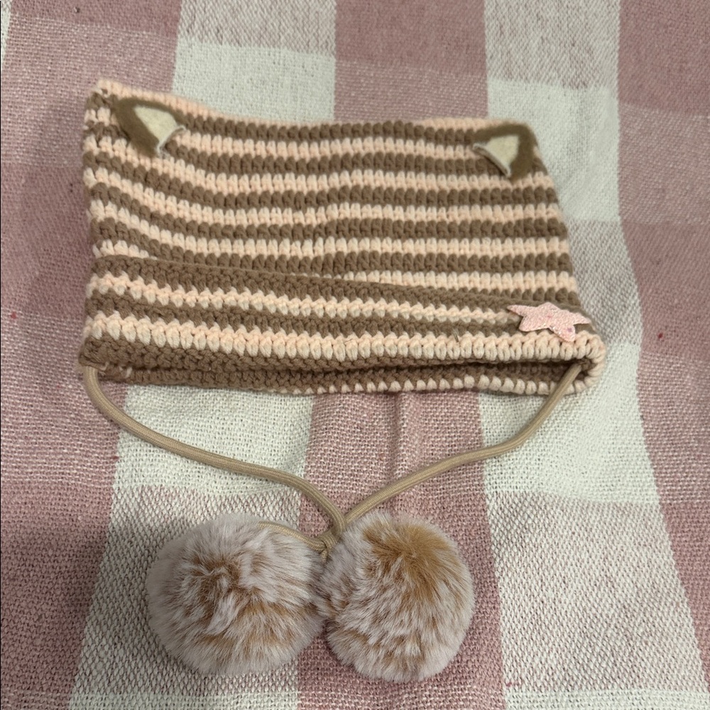 Crochet Cat Ears Pom Poms Star Brown and Pink Striped Kids Fall Hat Kidcore